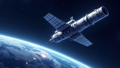 Obraz premium Advanced space telescope orbiting Earth with solar panels and technology in a cosmic environment