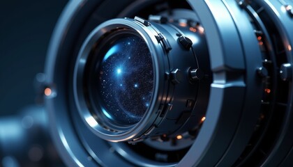 Close-up of space telescope lens revealing vibrant stars and galaxies within a futuristic design