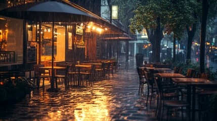 Rainy Evening at a Streetside Cafe with Empty Tables