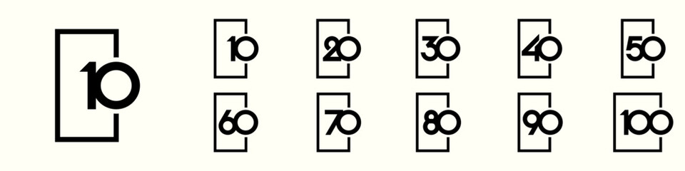 collection of creative Anniversary Square number 10 to 100 logo designs. abstract number design vector illustration