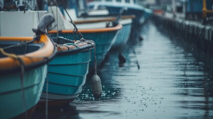Obraz premium Blue and Orange Boats Docked in the Rain