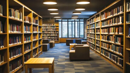 Obraz premium Modern library with open shelves, bright lighting, and quiet reading areas, creating a welcoming space