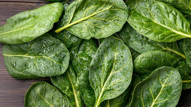 Fresh spinach leaves lay on a dark wooden surface