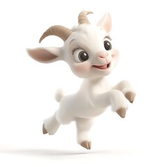 Cartoon baby goat jumping on a white background.