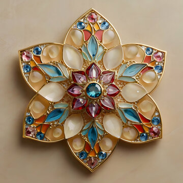 A photograph of a luxurious multicolored prismatic crystal Amarilys blossom, embellished with golden diamonds and rhinestones. The flower features intricate, colorful inlays forming a zentangle star p