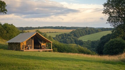 Obraz premium Glamping tent in a scenic landscape, offering luxury comforts in a natural setting