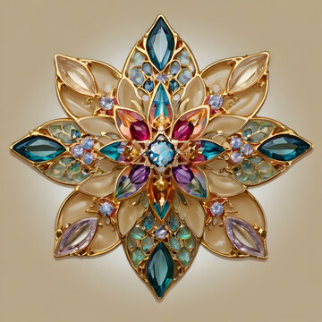 A photograph of a luxurious multicolored prismatic crystal Amarilys blossom, embellished with golden diamonds and rhinestones. The flower features intricate, colorful inlays forming a zentangle star p