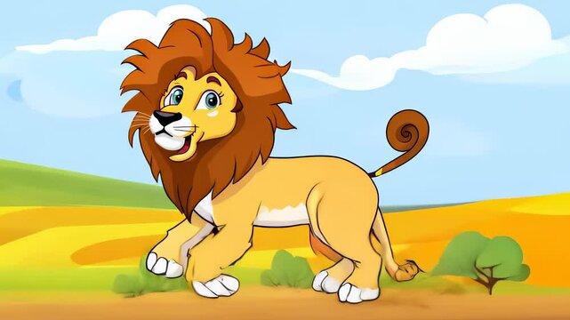Smiling cartoon lion walking in a sunny landscape, embodying playfulness and adventure in a vibrant, friendly setting