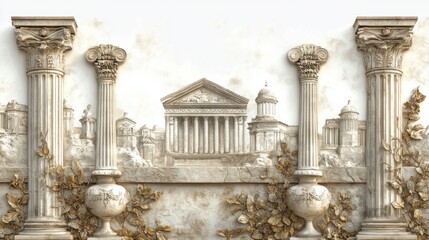 Naklejka premium Mural wallpaper with intricate Roman carvings and fresco-style textures, symbolizing classical art, isolated on white