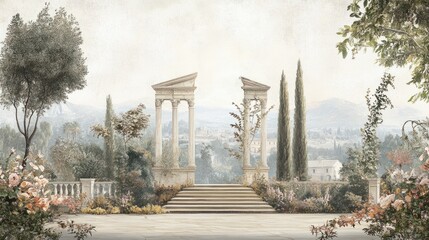 Mural wallpaper with faded scenes of Roman architecture and garden motifs, adding aged charm, isolated on white
