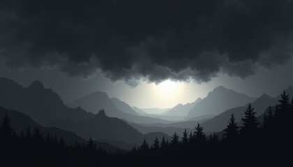 Dramatic mountainscape in despair, shrouded in dark clouds with a glowing light, digital illustration