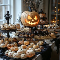 Spooky Decorations Pumpkins Adorning Halloween Dessert Table Frightful Festive Display picture