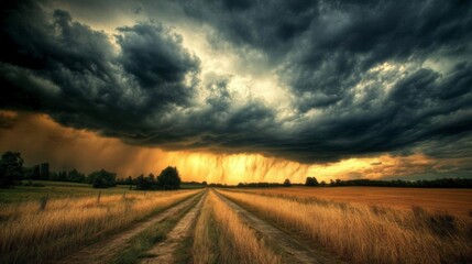 A Dirt Road Leading Through a Field with a Dramatic Stormy Sky