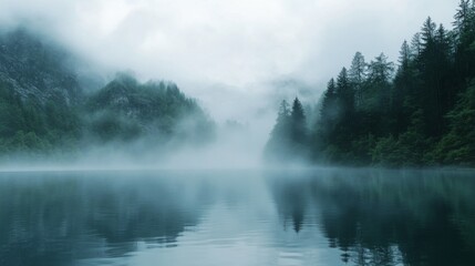 Fototapeta premium Misty Morning on a Tranquil Lake Surrounded by Lush Evergreen Trees
