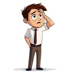 Cartoon employee with a confused look, scratching their head on a white background.