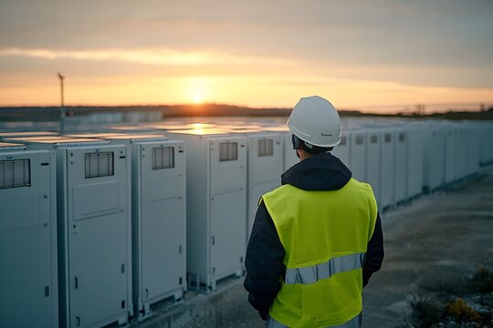 Technician monitoring a large battery array in a renewable energy facility at sunrise sunset