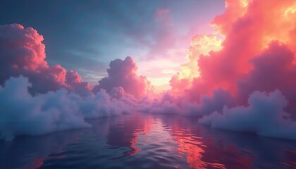 Magical seascape with pink clouds
