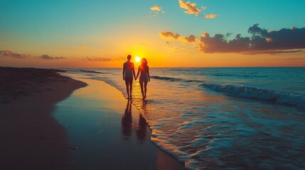 Fototapeta premium Silhouetted Couple Walking on a Beach at Sunset