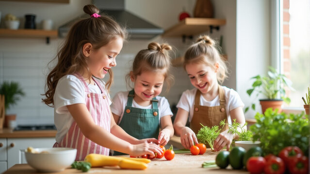 Happy children cooking together in a bright kitchen scene