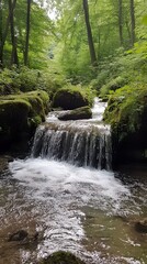 A small waterfall in the Black Forest, Germany. The water flows over moss-covered rocks and boulders into a stream that runs through an ancient forest with towering trees.