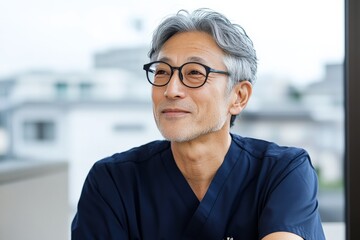 Fototapeta premium An elderly doctor in scrubs, wearing glasses, smiles contemplatively while outdoors, representing wisdom, compassion, and a lifetime dedicated to healing and care.
