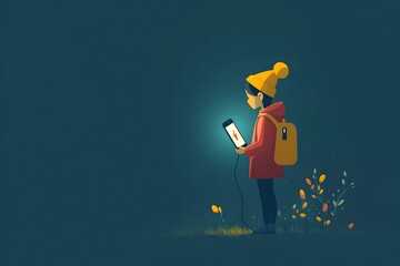 Fototapeta premium Solitary character charging smartphone in serene outdoor setting