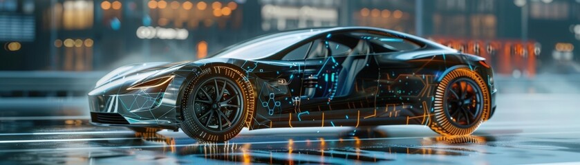 Obraz premium Merge technology and ecofriendliness in a captivating 3D representation of an electronic electric car
