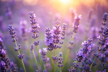 A close-up view of lavender flowers bathed in soft sunlight, creating a serene and vibrant atmosphere filled with shades of purple.