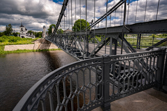 City of Ostrov, Chain Bridge over the Velikaya River. Pskov Region, Russia.
