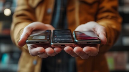Person Examining Multiple Smartphone Devices for Battery Life and Features in a Retail Store