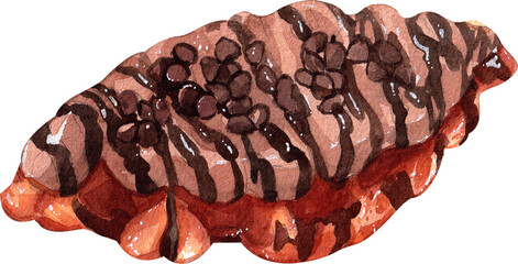 Croffle  with chocolate cream topping and sprinkled with chocolate chips, Hand Drawn Illustration Watercolor painting