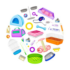 Pet Shop Different Item and Accessory Round Composition Vector Template