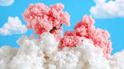 Pink Cherry Blossom Trees on Fluffy White Clouds with Blue Sky Background