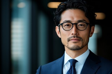Fototapeta premium Portrait of a confident businessman wearing eyeglasses and a navy blue suit, standing indoors with a blurred office background, showcasing professionalism and confidence.