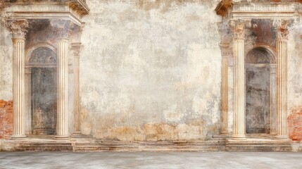 Roman-style mural with faded fresco designs of ancient architecture, capturing vintage elegance, isolated on white
