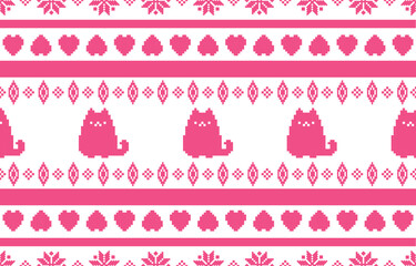 Cat ethnic pattern design. white stripes, green background.Design for wallpaper,carpet, clothing, fashion, fabric.