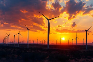 Obraz premium Dramatic Sunset Backdrop Illuminates Wind Farm with Industrial Battery Storage