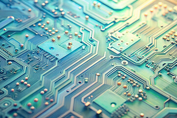A close-up of a circuit board featuring intricate pathways and metallic components, illustrating advanced technology in electronic design.