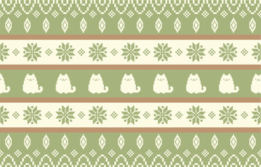 Cat ethnic pattern design. white stripes, green background.Design for wallpaper,carpet, clothing, fashion, fabric.