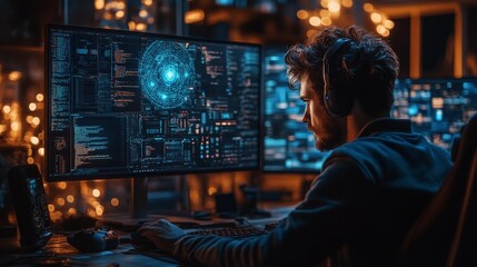 A Man Wearing Headphones Works on a Computer with a Blue and White Interface