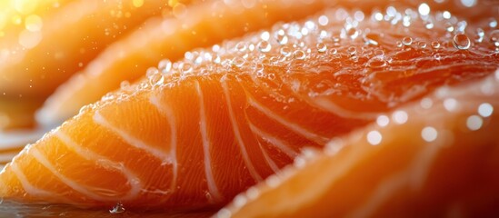 Closeup of fresh salmon fillet with water droplets.