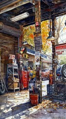 Produce a watercolor painting of an automotive repair shop near me