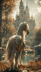 Render a rear view of a magical unicorn standing before the grandeur of a medieval castle, emphasizing intricate mane textures and soft, ethereal lighting effects