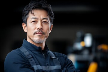 A mature man exuding confidence and determination, dressed in a dark uniform with crossed arms, stands against a blurred background, embodying strength and readiness.