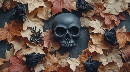 A Black Skull with Fall Leaves as Background: Spooky Autumn Decor for Halloween