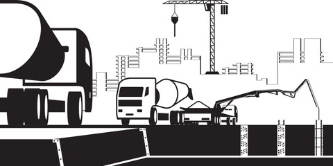 Concrete mixer trucks working on construction site - vector illustration