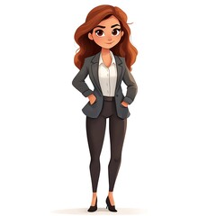 Fototapeta premium Cartoon girl with a focused expression in a blazer and trousers on a white background.