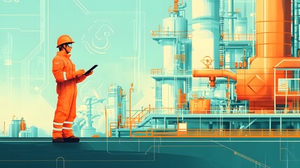 A flat illustration of an industrial worker in orange safety gear, standing at the entrance to a large oil and gas production facility with pipes and machinery visible behind them