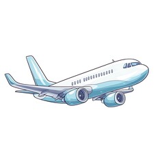 A cartoon airplane flying in the sky on a white background.