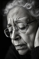 A black and white photograph of an elderly woman with glasses, wrinkles, and a contemplative expression